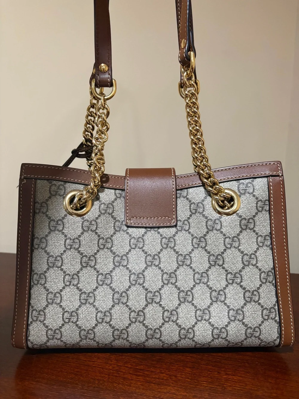 Gucci Brown GG Supreme Leather-Trim Shoulder Bag with Gold Hardware